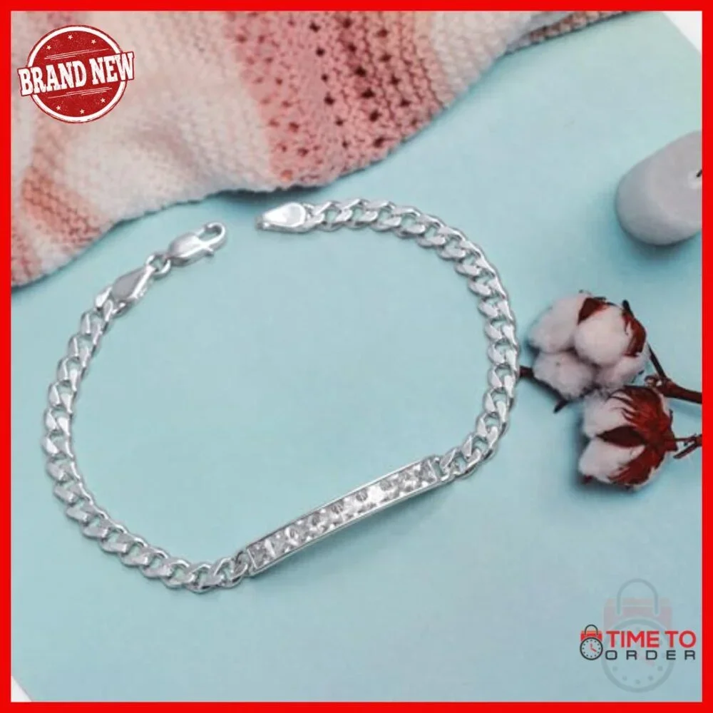 Sterling Silver Cuban Link ID Bracelet with CZ Stones for Men